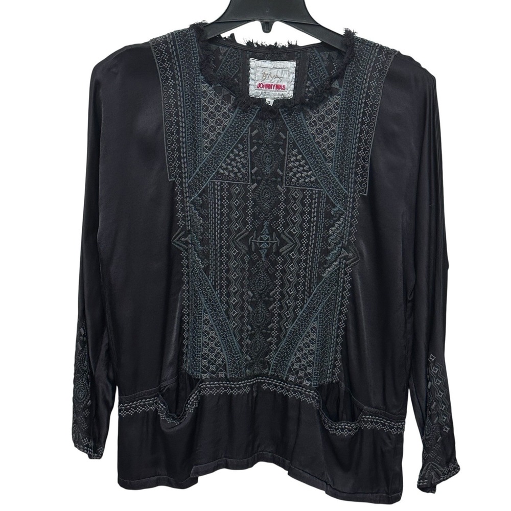 Johnny Was Biya Size Small Black  Embroidered‎ Satin Look Top Blouse Long Sleeve